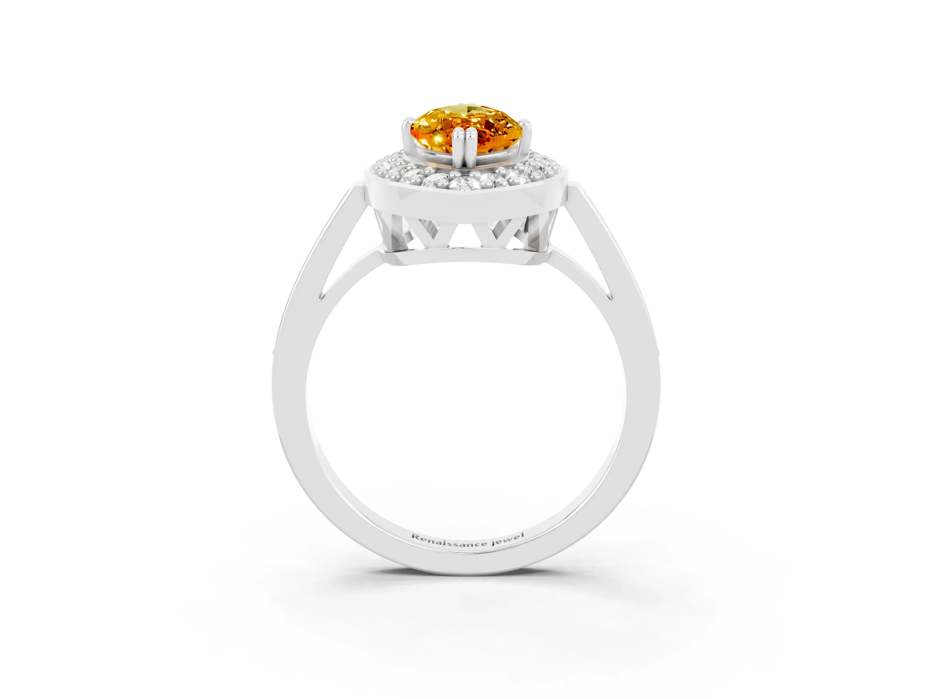 White gold Marquise Cut Citrine Halo Ring with Split Shank and Four-Prong Setting_15