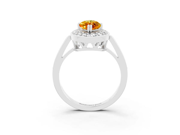 Silver Marquise Cut Citrine Halo Ring with Split Shank and Four-Prong Setting