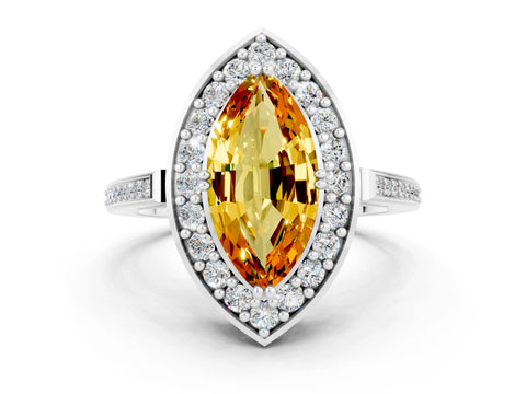 White gold Marquise Cut Citrine Halo Ring with Split Shank and Four-Prong Setting