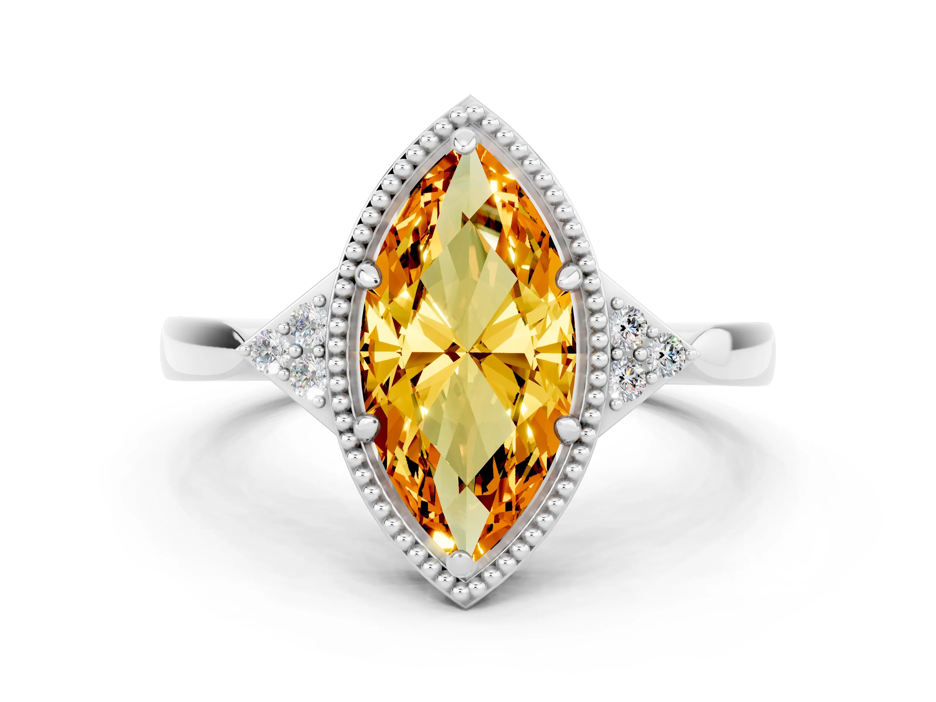 White gold Marquise Cut Citrine Halo Ring with Tapered Band and Four-Prong Setting