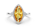 White gold Marquise Cut Citrine Halo Ring with Tapered Band and Four-Prong Setting