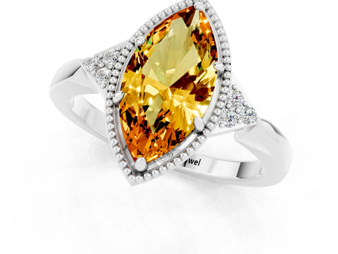 White gold Marquise Cut Citrine Halo Ring with Tapered Band and Four-Prong Setting_1