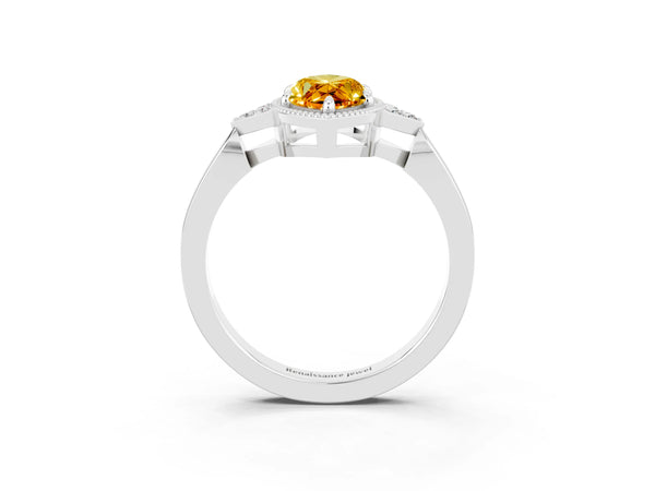 Platinum Marquise Cut Citrine Halo Ring with Tapered Band and Four-Prong Setting