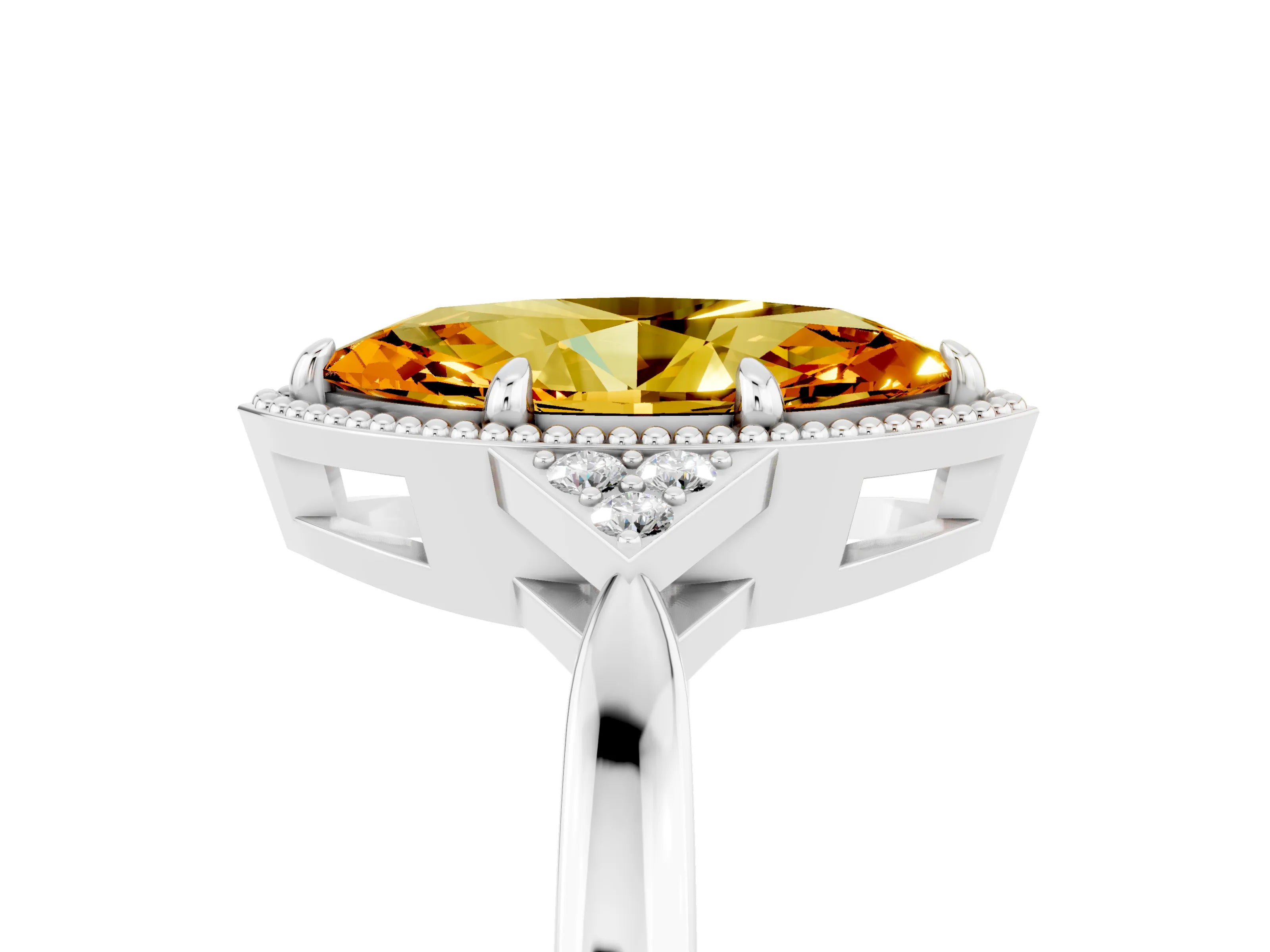 White gold Marquise Cut Citrine Halo Ring with Tapered Band and Four-Prong Setting_5