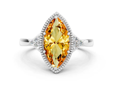 White gold Marquise Cut Citrine Halo Ring with Tapered Band and Four-Prong Setting