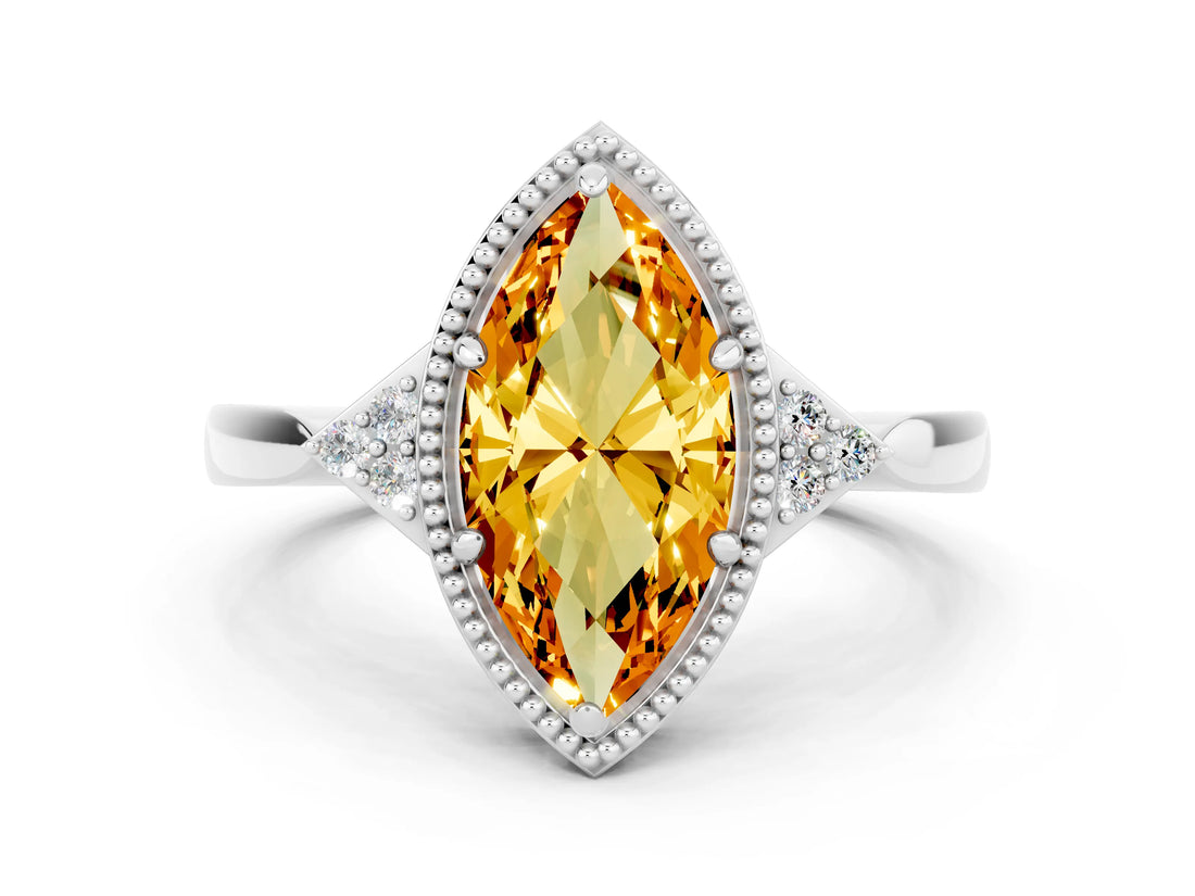White gold Marquise Cut Citrine Halo Ring with Tapered Band and Four-Prong Setting