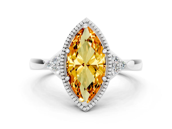 White gold Marquise Cut Citrine Halo Ring with Tapered Band and Four-Prong Setting