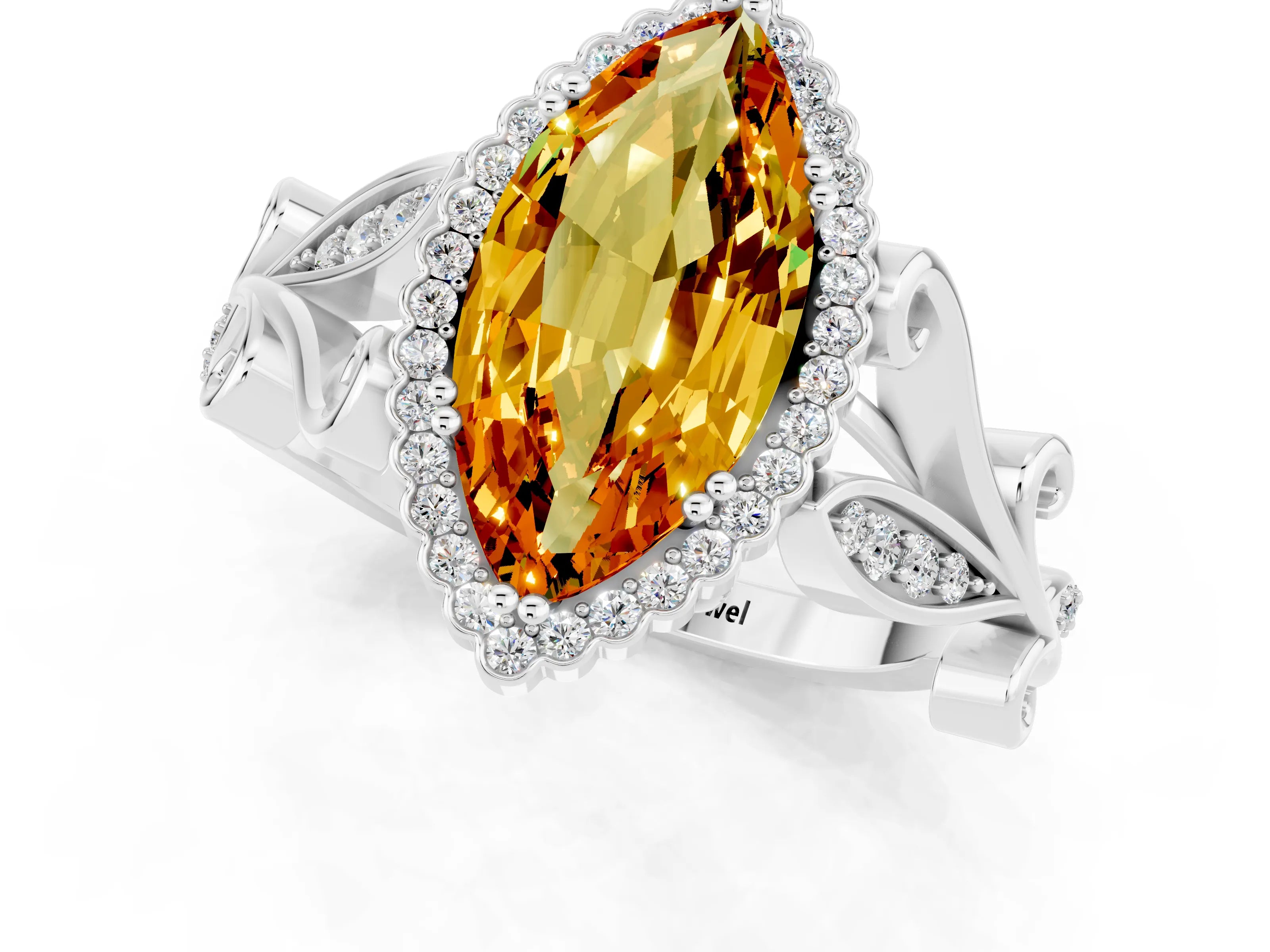 White gold Marquise Cut Citrine Halo Ring with Vintage Split Shank and Four-Prong Setting_46