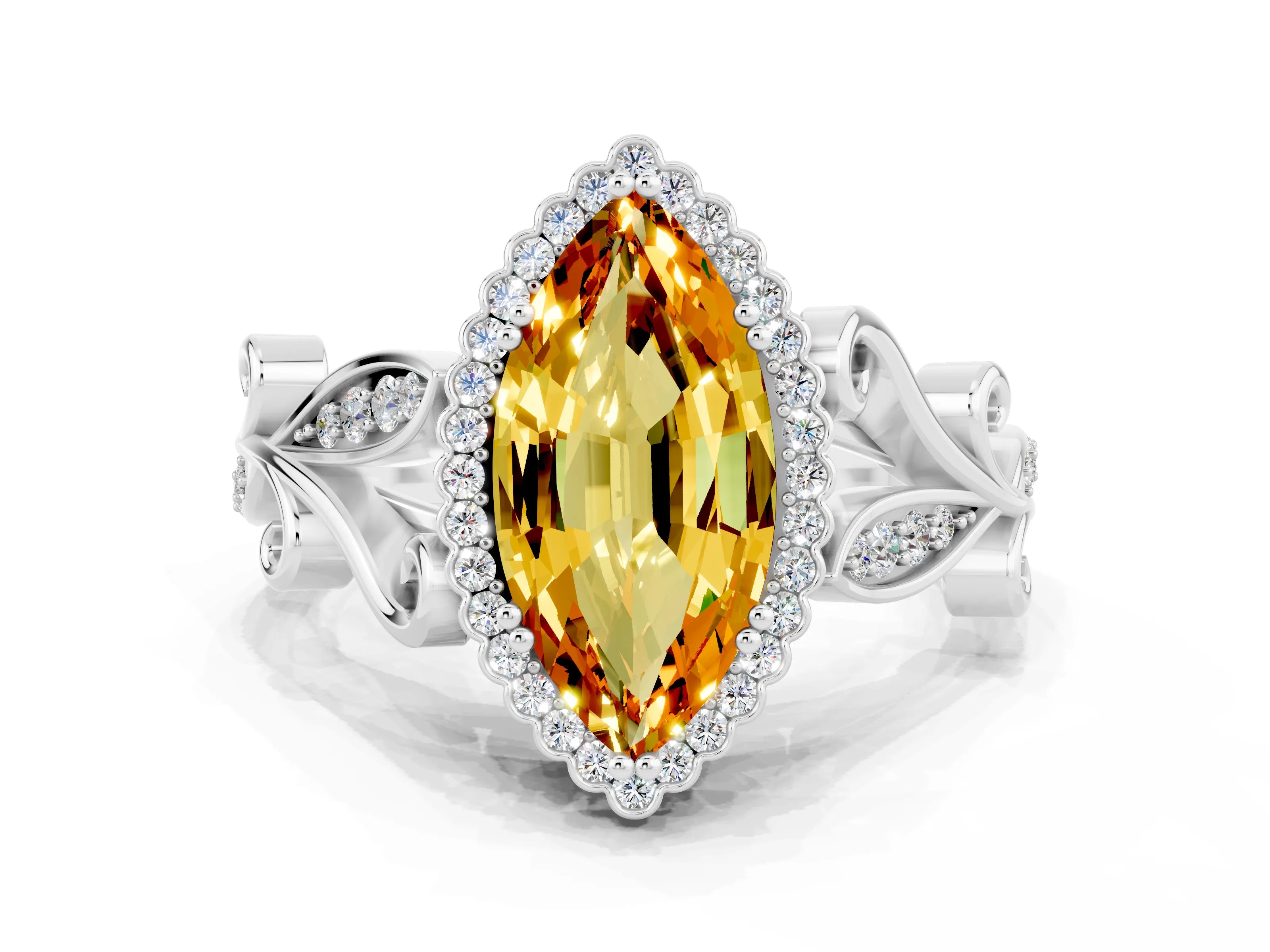 White gold Marquise Cut Citrine Halo Ring with Vintage Split Shank and Four-Prong Setting_48