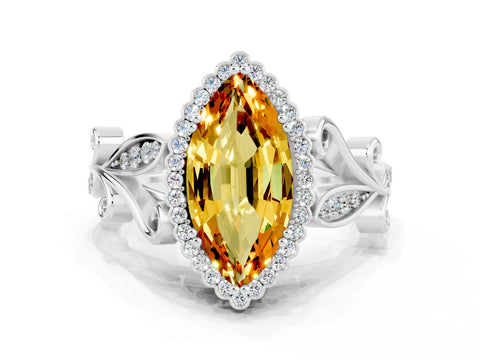 White gold Marquise Cut Citrine Halo Ring with Vintage Split Shank and Four-Prong Setting_48