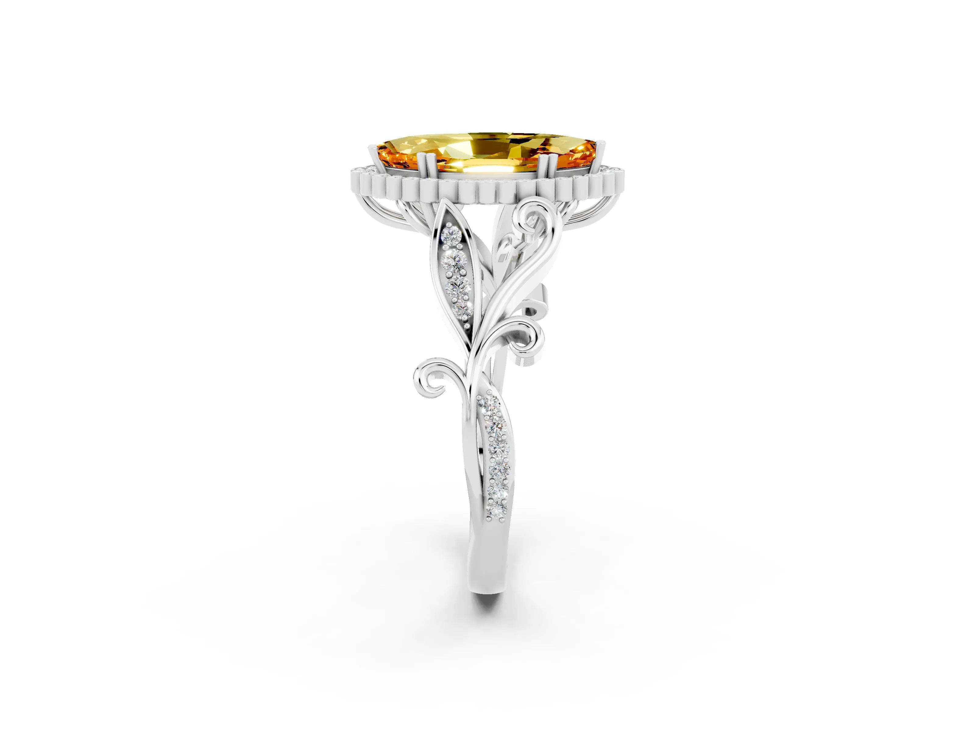 White gold Marquise Cut Citrine Halo Ring with Vintage Split Shank and Four-Prong Setting_50