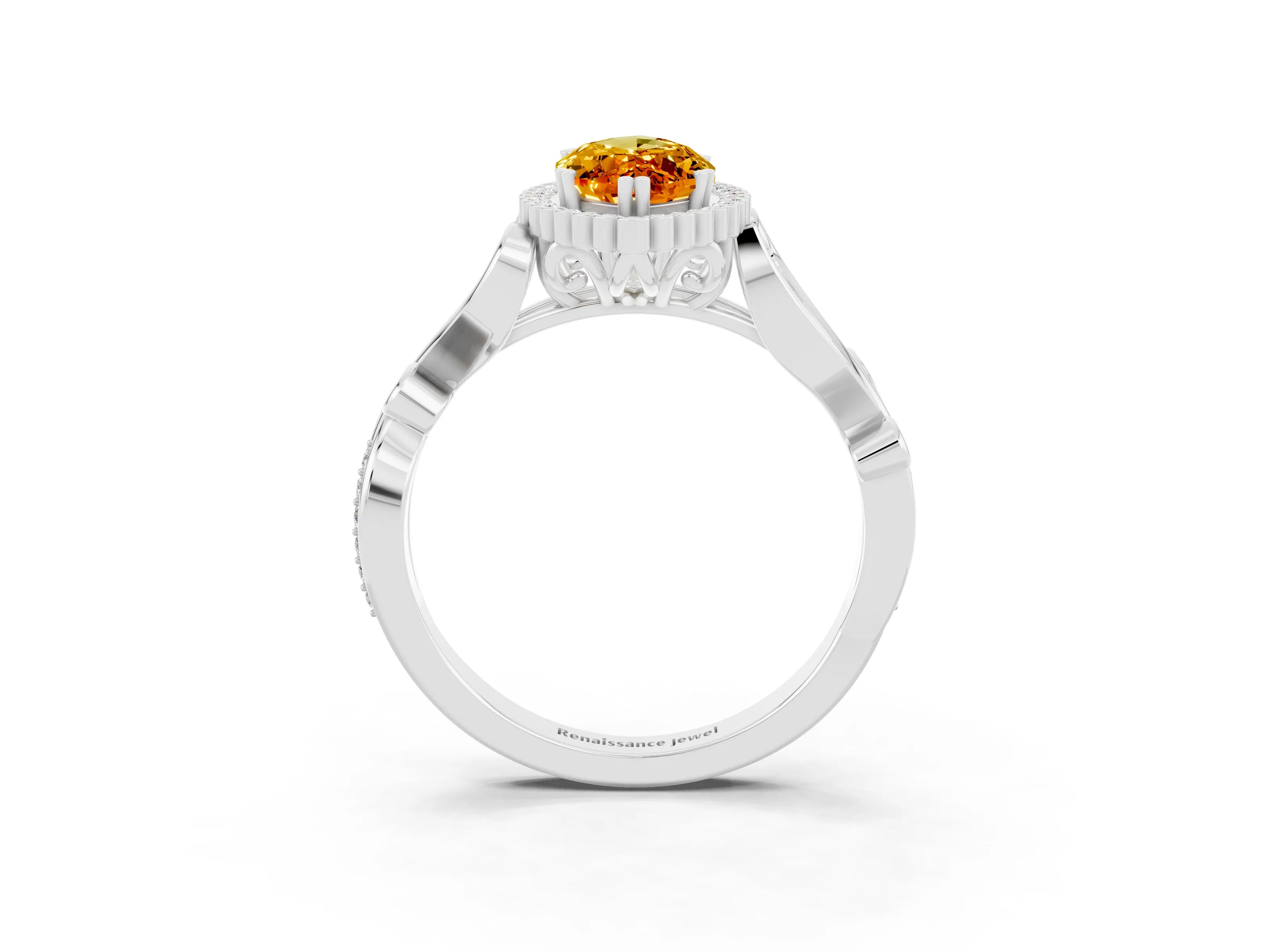 White gold Marquise Cut Citrine Halo Ring with Vintage Split Shank and Four-Prong Setting_51