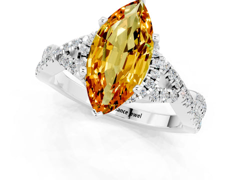 White gold Marquise Cut Citrine Halo Twist Band Solitaire Prong Setting Ring_1
