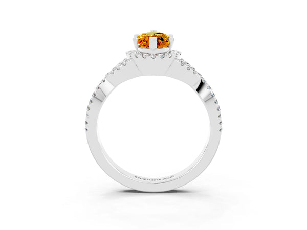 White gold Marquise Cut Citrine  Halo Twist Band Solitaire Prong Setting Ring
