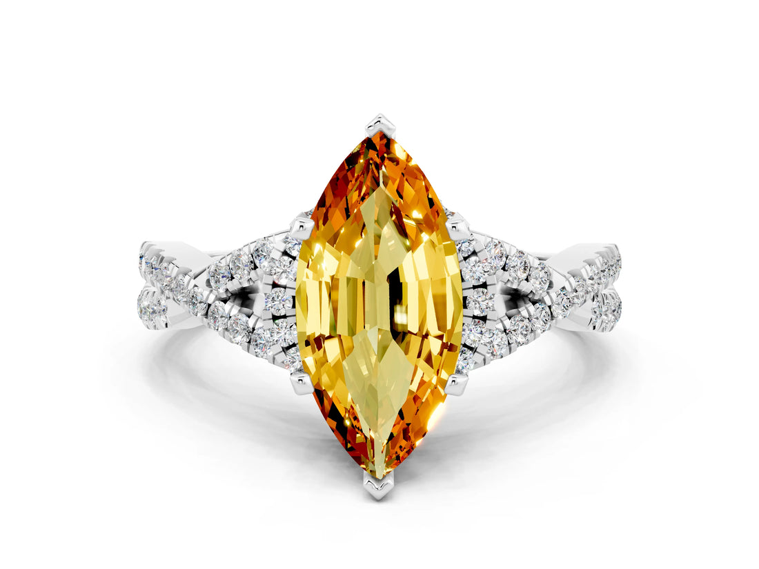 White gold Marquise Cut Citrine  Halo Twist Band Solitaire Prong Setting Ring_48