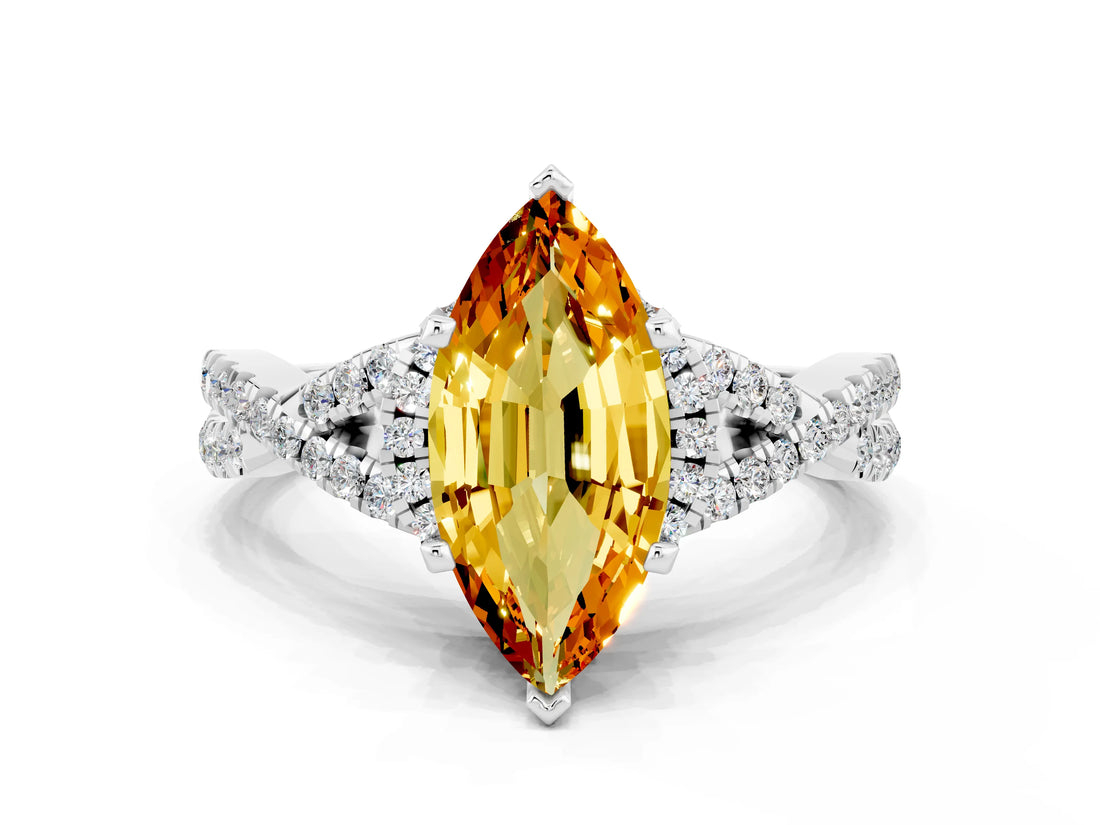 White gold Marquise Cut Citrine Halo Twist Band Solitaire Prong Setting Ring
