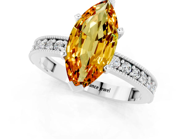Platinum Marquise Cut Citrine Milgrain Pavé Engagement Ring with Four-Prong Setting
