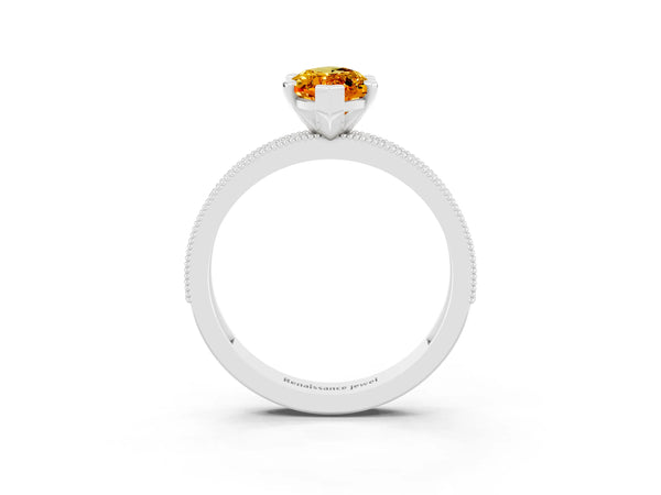 Silver Marquise Cut Citrine Milgrain Pavé Engagement Ring with Four-Prong Setting