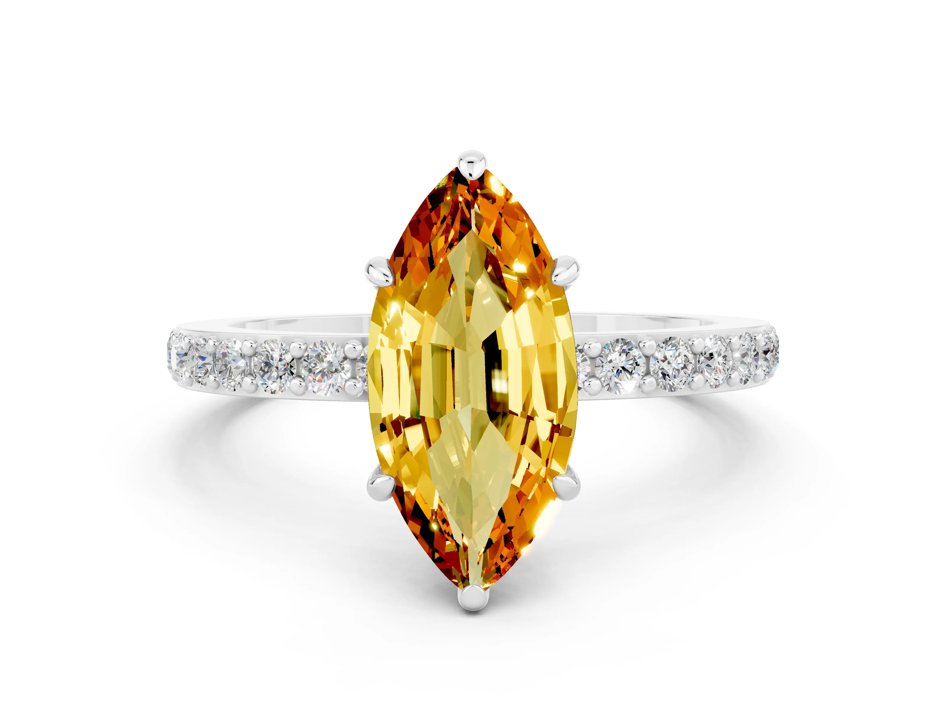 White gold Marquise Cut Citrine Pavé Engagement Ring with Round  Accents and Prong Setting_24