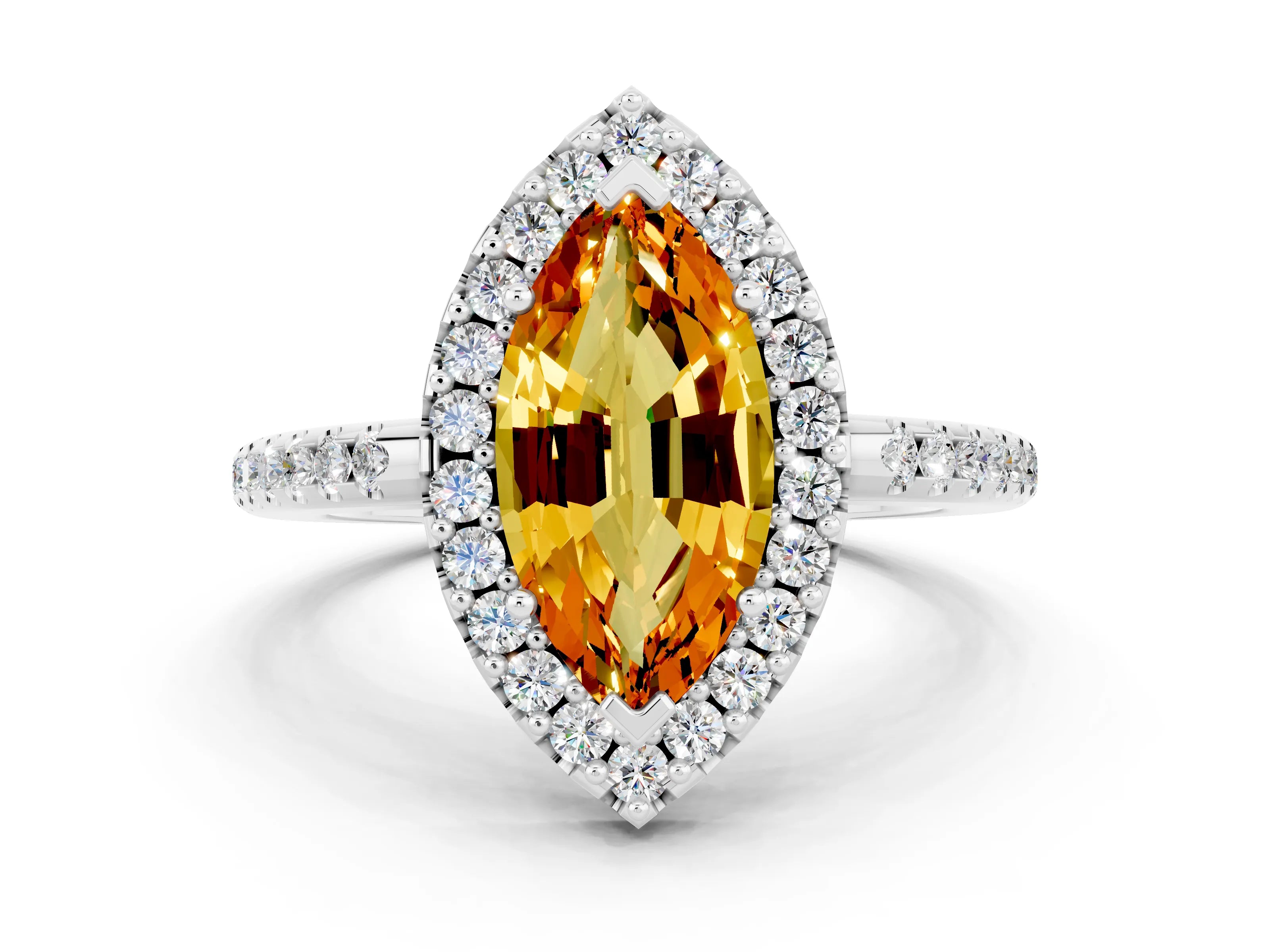 White gold Marquise Cut Citrine Pavé Halo Ring with Four-Prong Setting_12