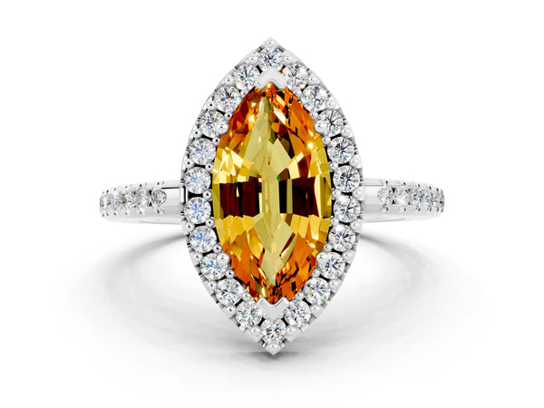White gold Marquise Cut Citrine Pavé Halo Ring with Four-Prong Setting