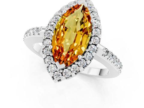 White gold Marquise Cut Citrine Pavé Halo Ring with Four-Prong Setting_13