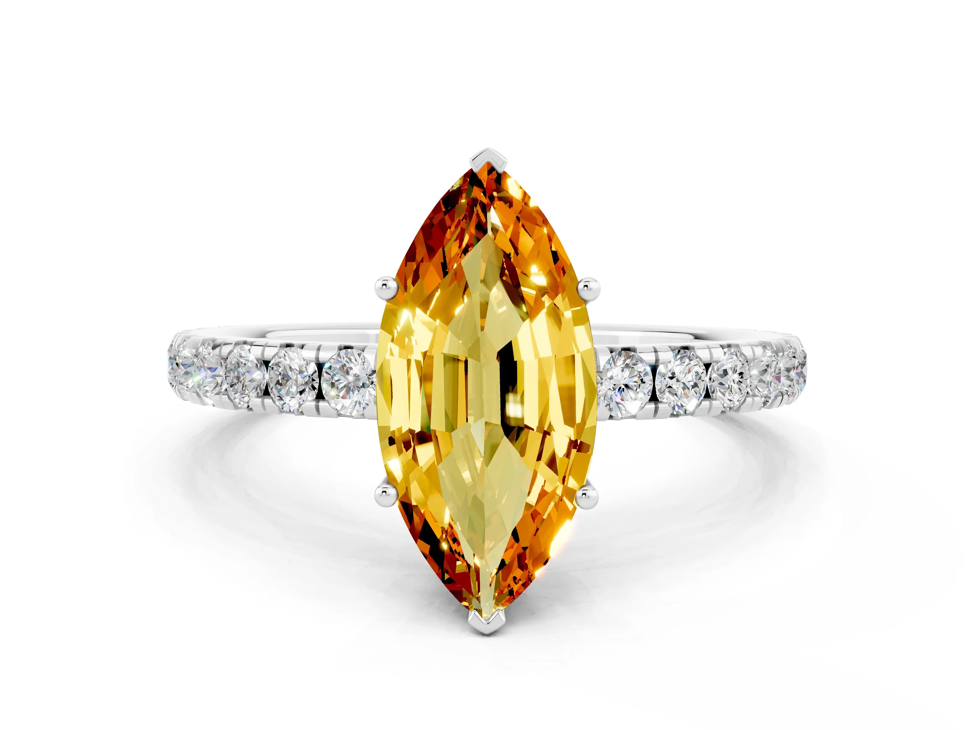White gold Marquise Cut Citrine Pavé Solitaire Engagement Ring with Four-Prong Setting_12