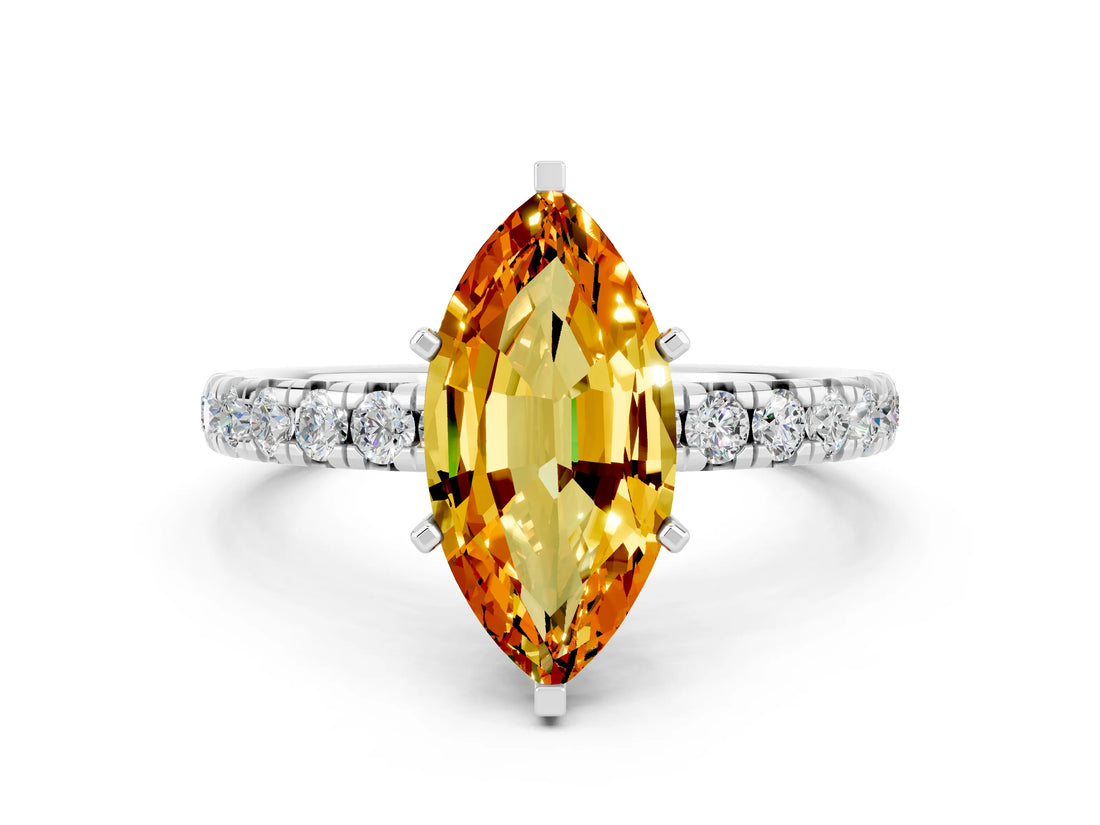 White gold Marquise Cut Citrine Pavé Solitaire Ring with Round Band and Prong Setting_12