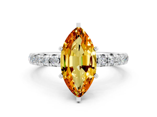 Silver Marquise Cut Citrine Pavé Solitaire Ring with Round Band and Prong Setting