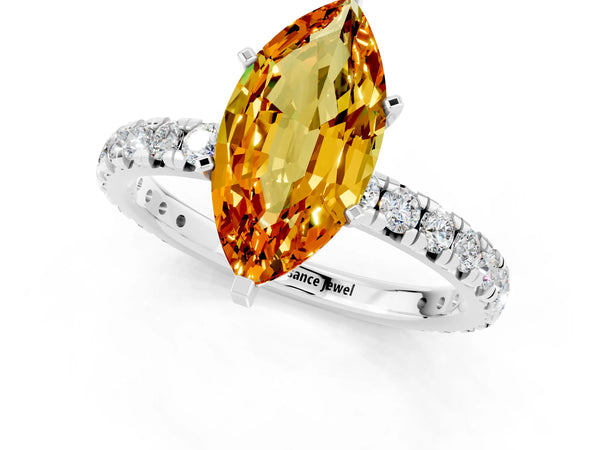 Silver Marquise Cut Citrine Pavé Solitaire Ring with Round Band and Prong Setting