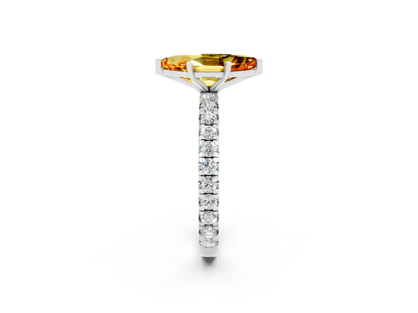 White gold Marquise Cut Citrine Pavé Solitaire Ring with Round Band and Prong Setting
