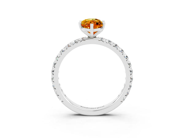 White gold Marquise Cut Citrine Pavé Solitaire Ring with Round Band and Prong Setting