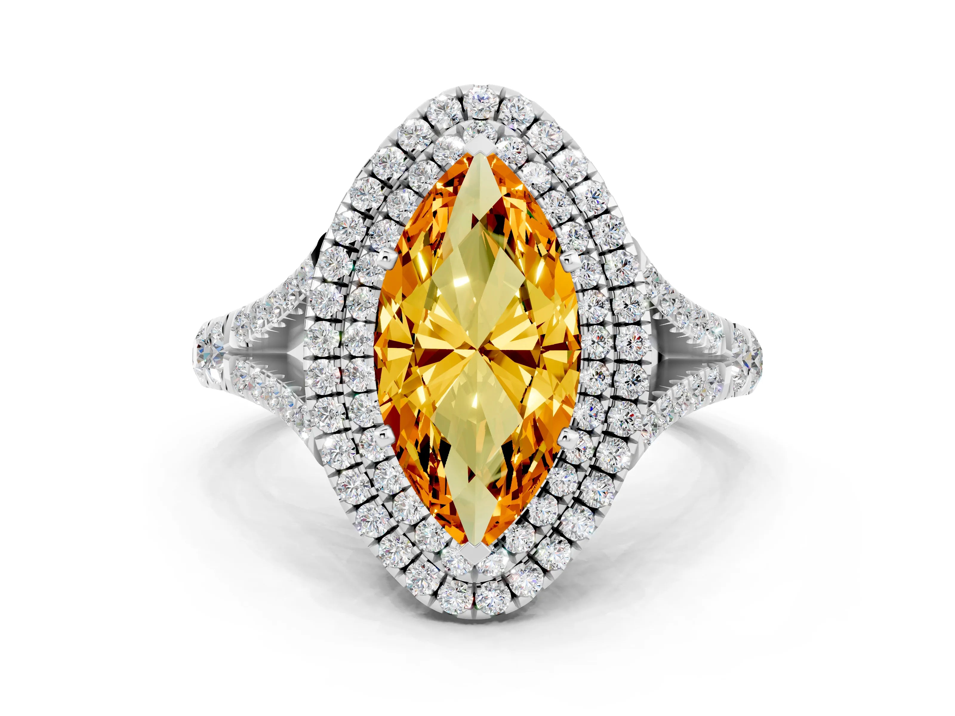 White gold Marquise Cut Citrine Pavé Split Shank Double Halo Engagement Ring