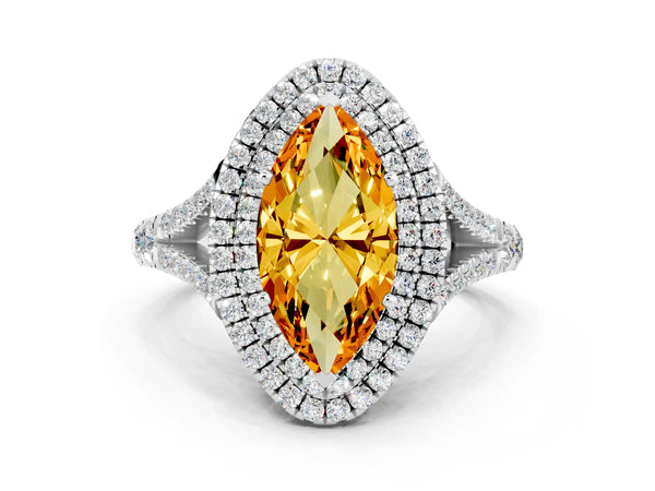 Platinum Marquise Cut Citrine Pavé Split Shank Double Halo Engagement Ring