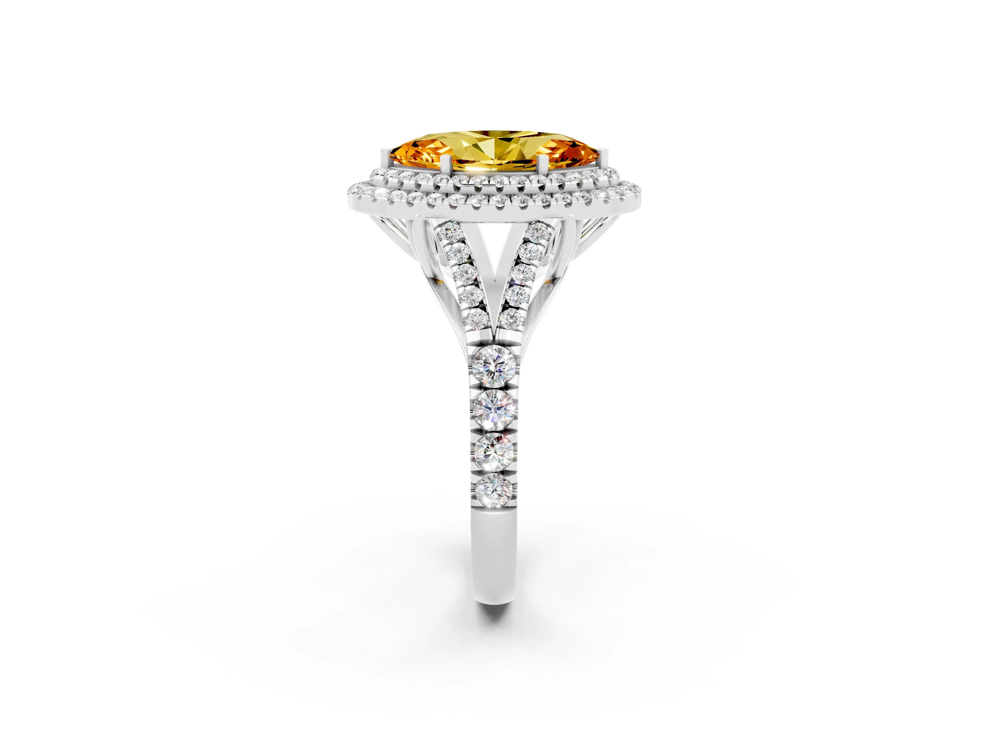 White gold Marquise Cut Citrine Pavé Split Shank Double Halo Engagement Ring_2