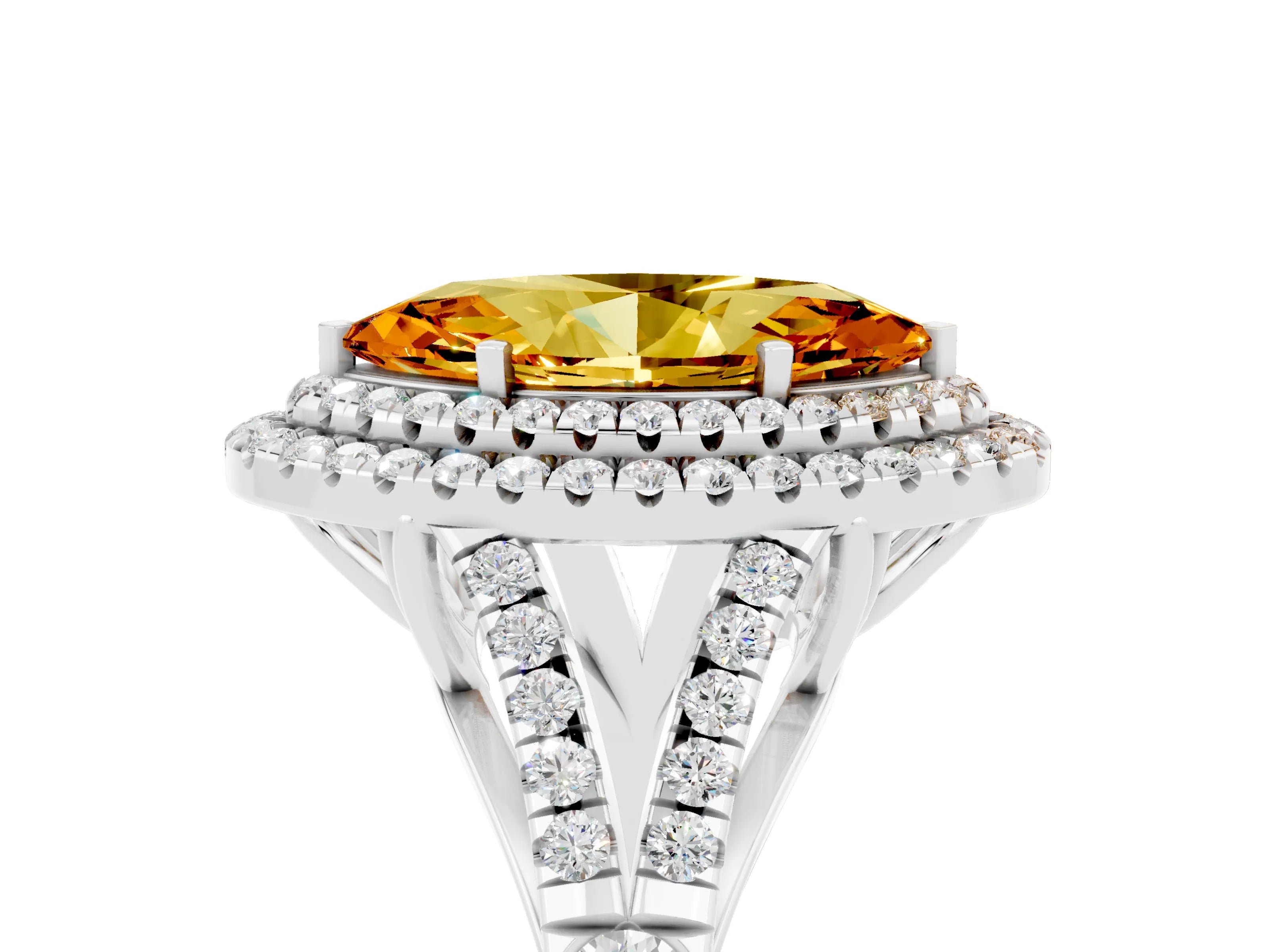 White gold Marquise Cut Citrine Pavé Split Shank Double Halo Engagement Ring_5