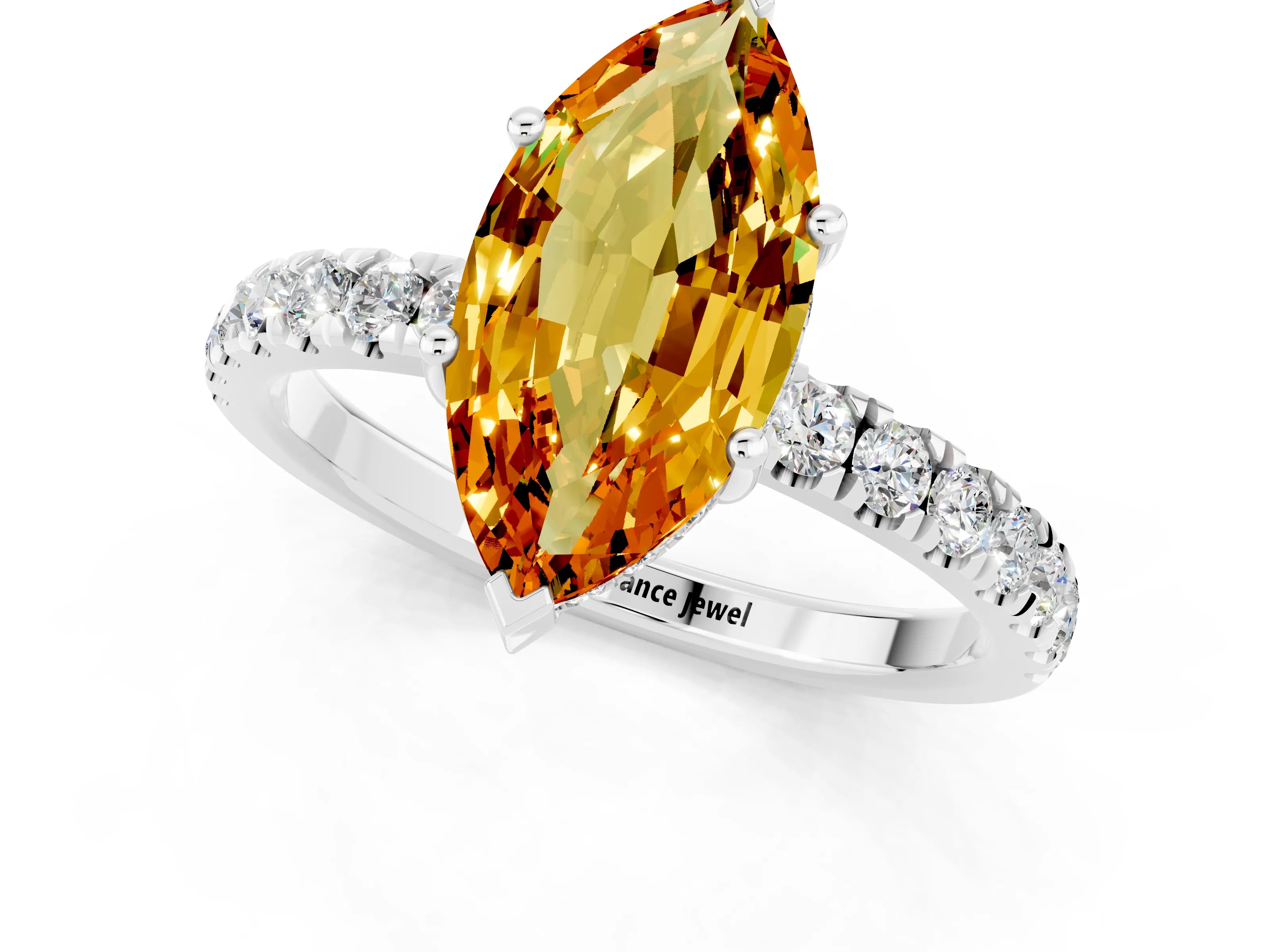 White gold Marquise Cut Citrine Pave Band Solitaire Ring with Four-Prong Setting_13