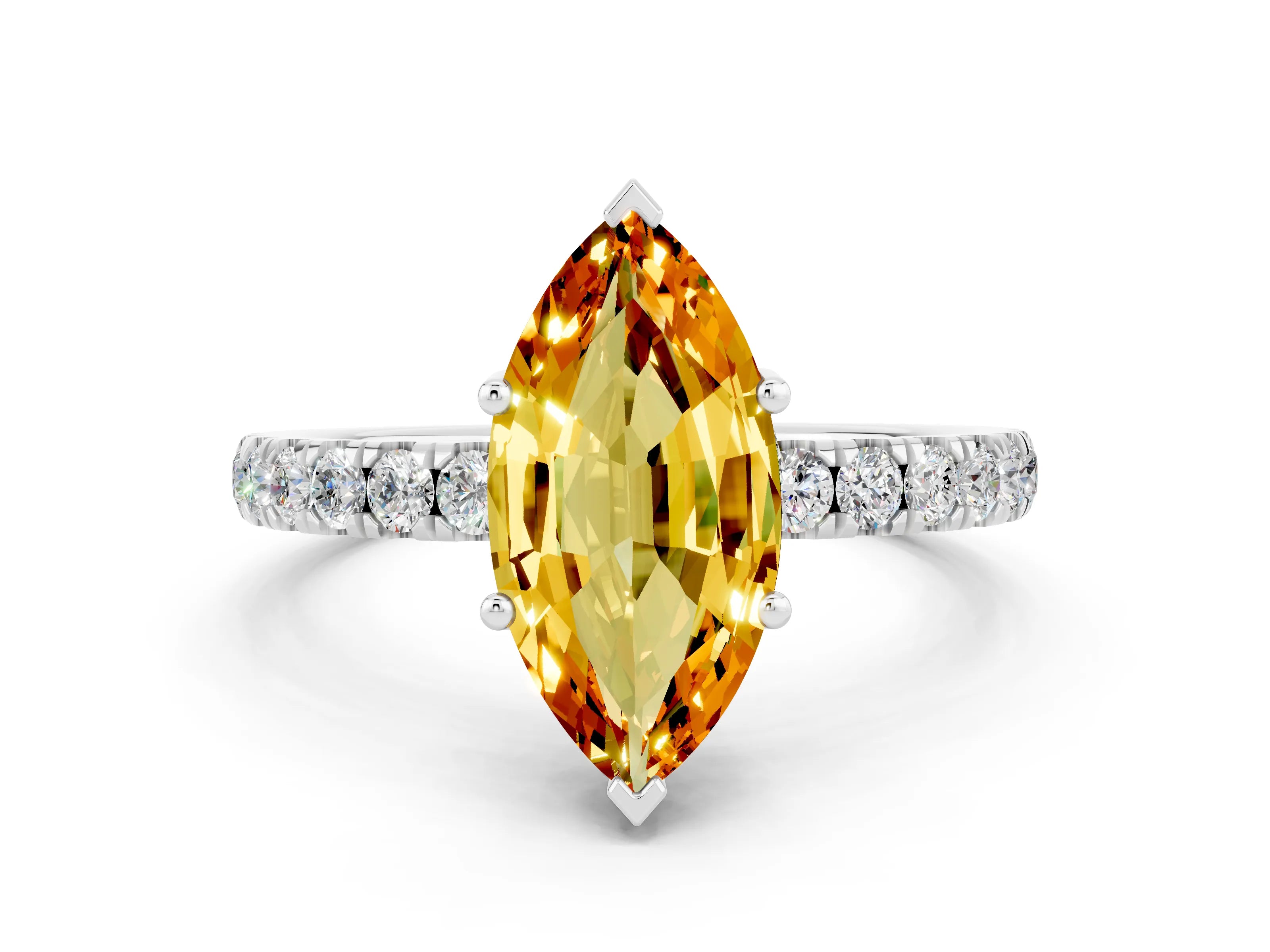 White gold Marquise Cut Citrine Pave Band Solitaire Ring with Four-Prong Setting_24