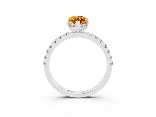 Silver Marquise Cut Citrine Pave Band Solitaire Ring with Round  and Prong Setting