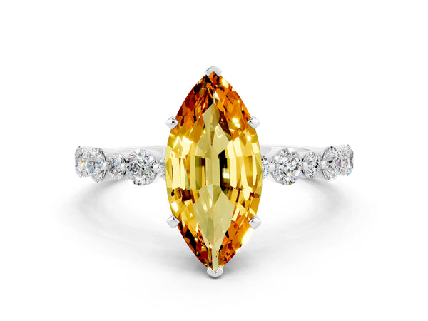 Platinum Marquise Cut Citrine Prong Set Engagement Ring with Pavé Band