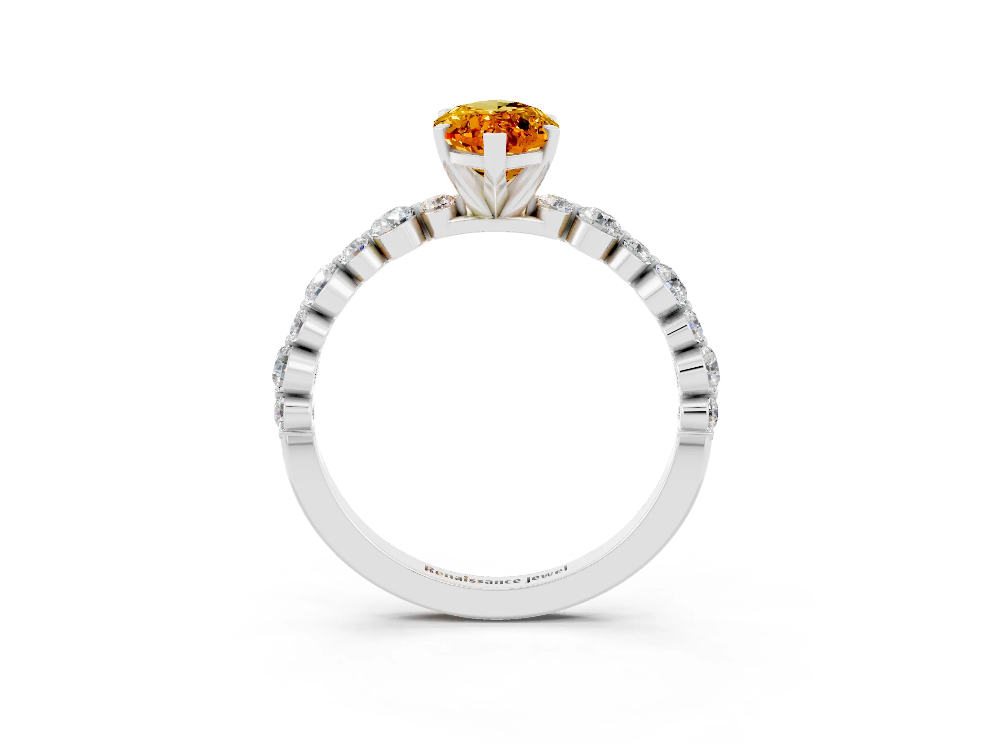 White gold Marquise Cut Citrine Prong Set Engagement Ring with Pavé Band_3