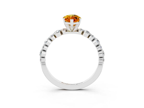 White gold Marquise Cut Citrine Prong Set Engagement Ring with Pavé Band