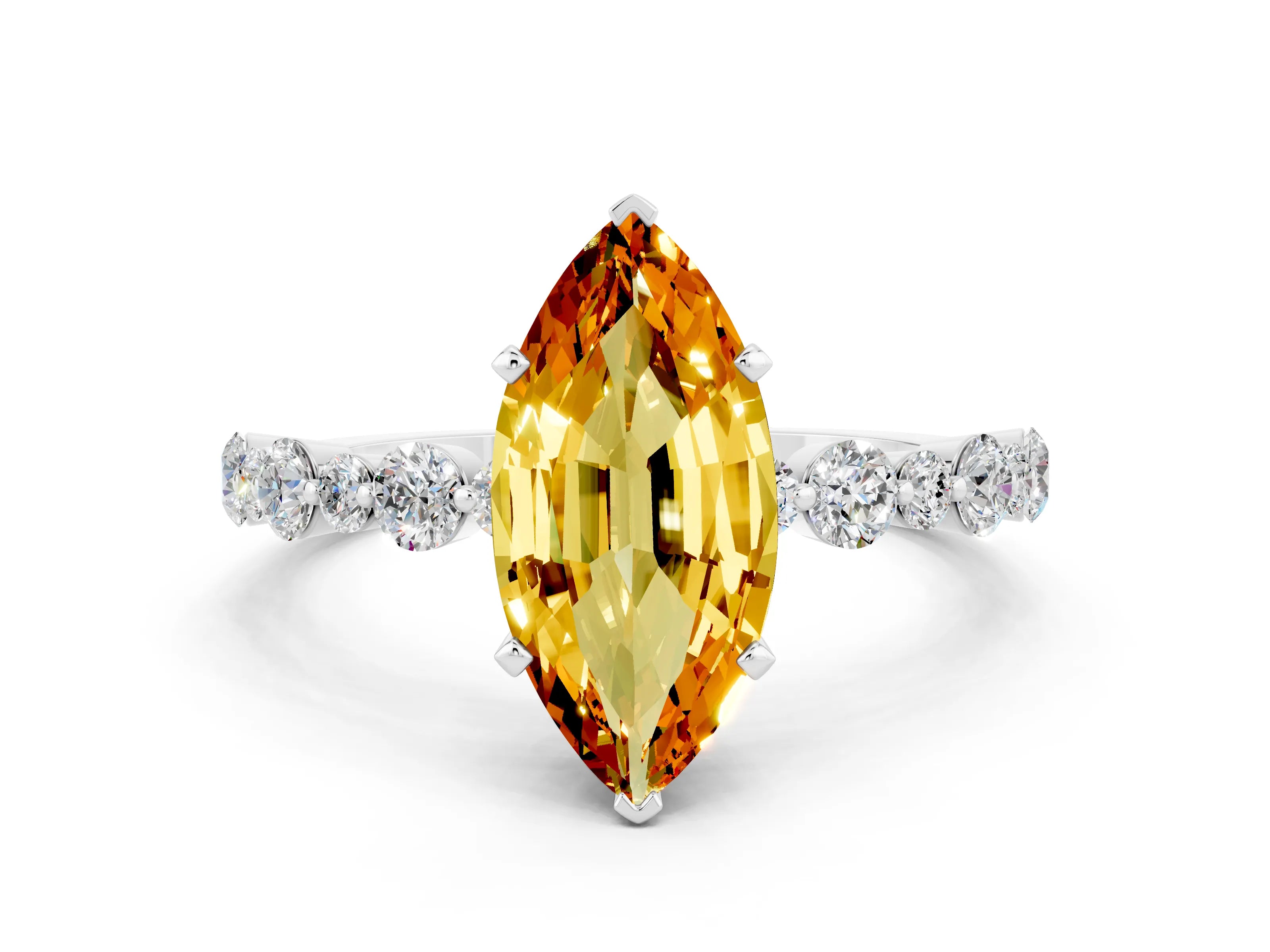 White gold Marquise Cut Citrine Prong Set Engagement Ring with Pavé Band