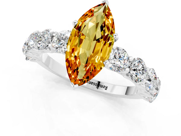 White gold Marquise Cut Citrine Prong Setting with Side Stones on a Pave Band