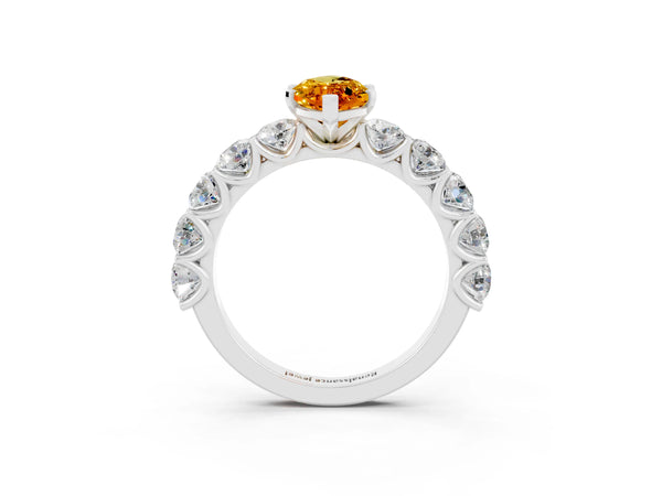 Platinum Marquise Cut Citrine Prong Setting with Side Stones on a Pave Band