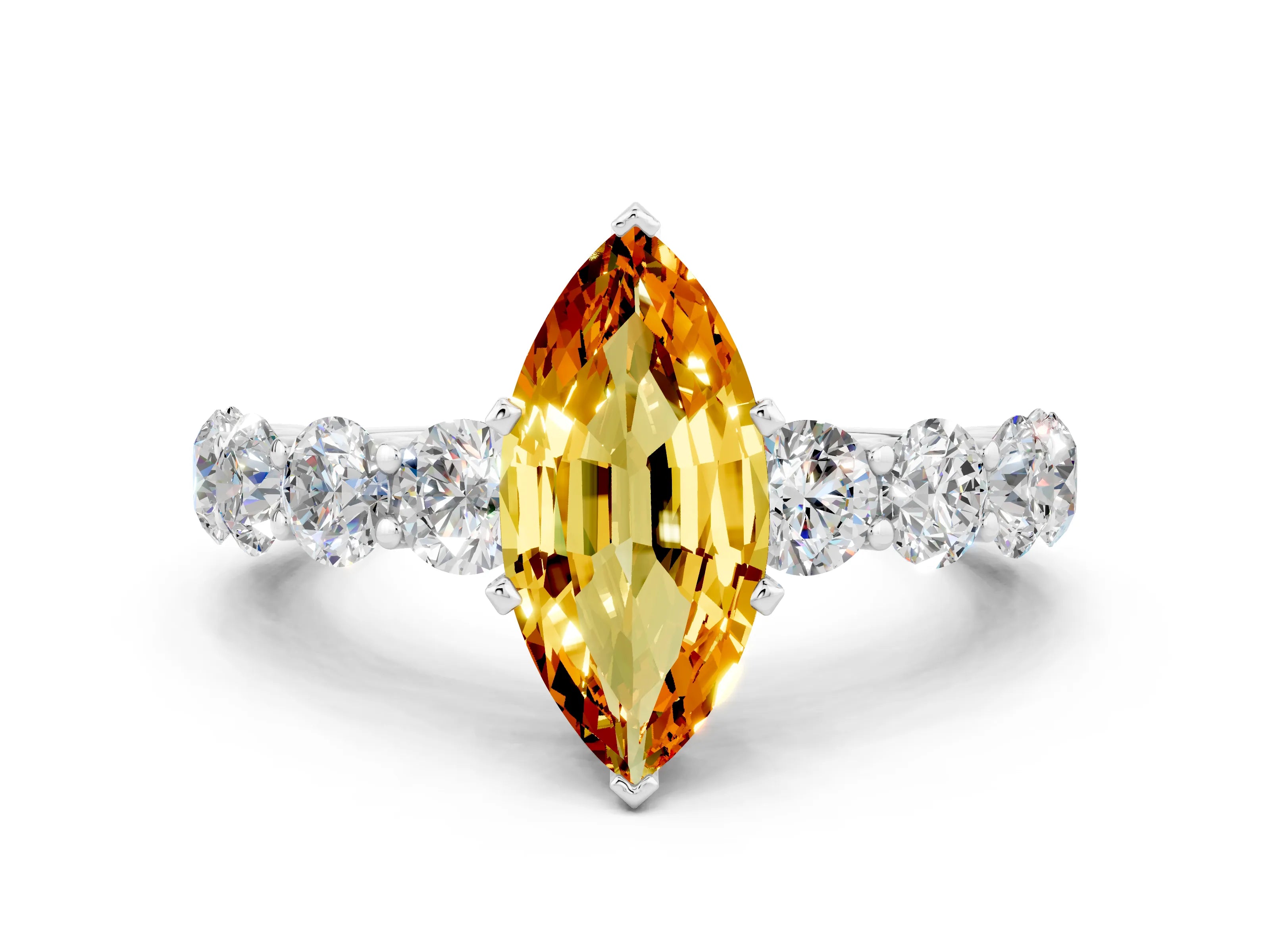 White gold Marquise Cut Citrine Prong Setting with Side Stones on a Pave Band