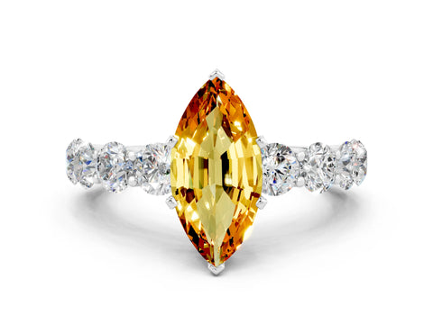 White gold Marquise Cut Citrine Prong Setting with Side Stones on a Pave Band