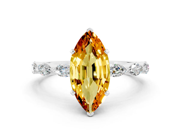 White gold Marquise Cut Citrine Ring with Marquise Side Stones and Prong Setting
