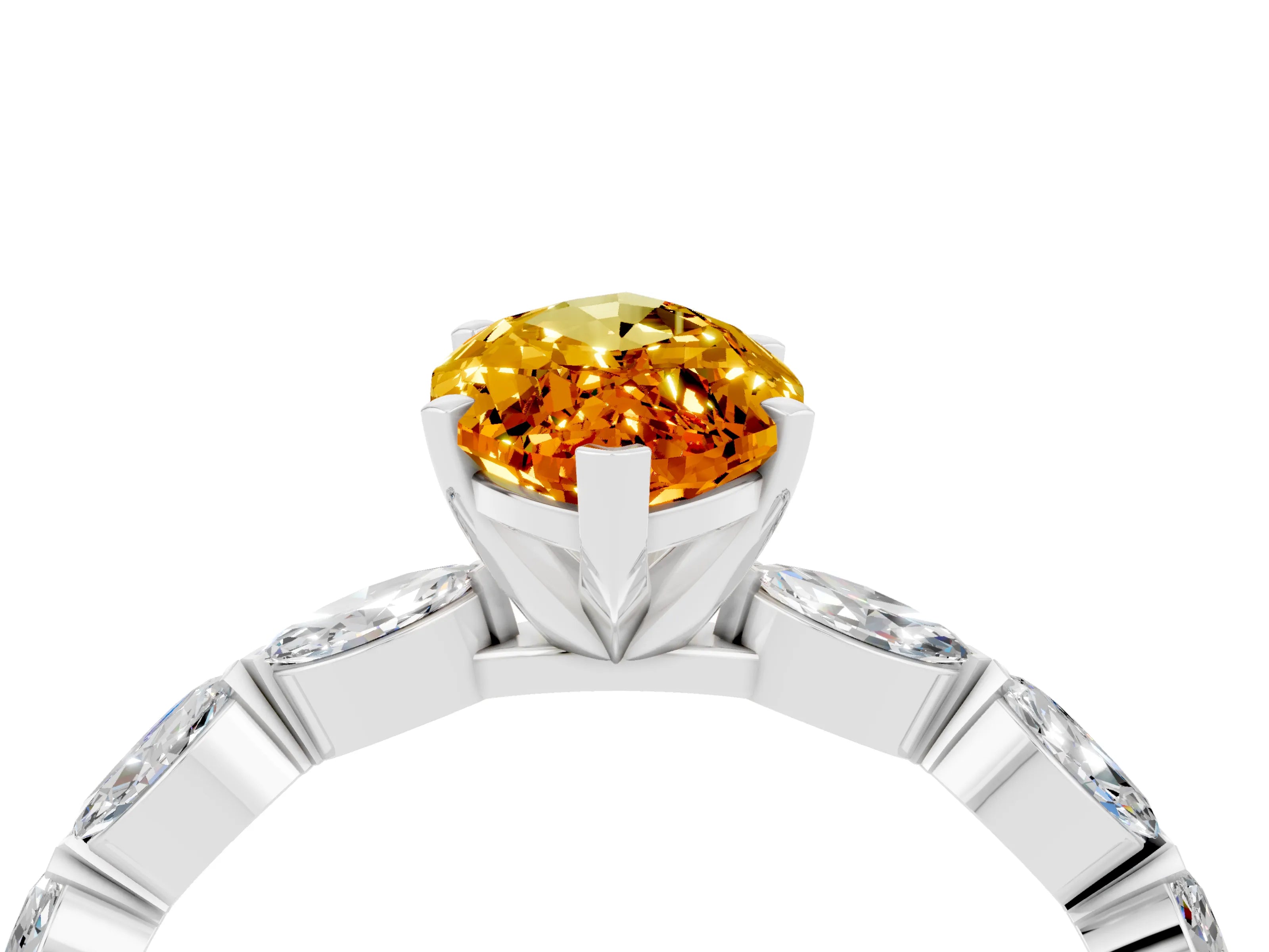 White gold Marquise Cut Citrine Ring with Marquise Side Stones and Prong Setting_16