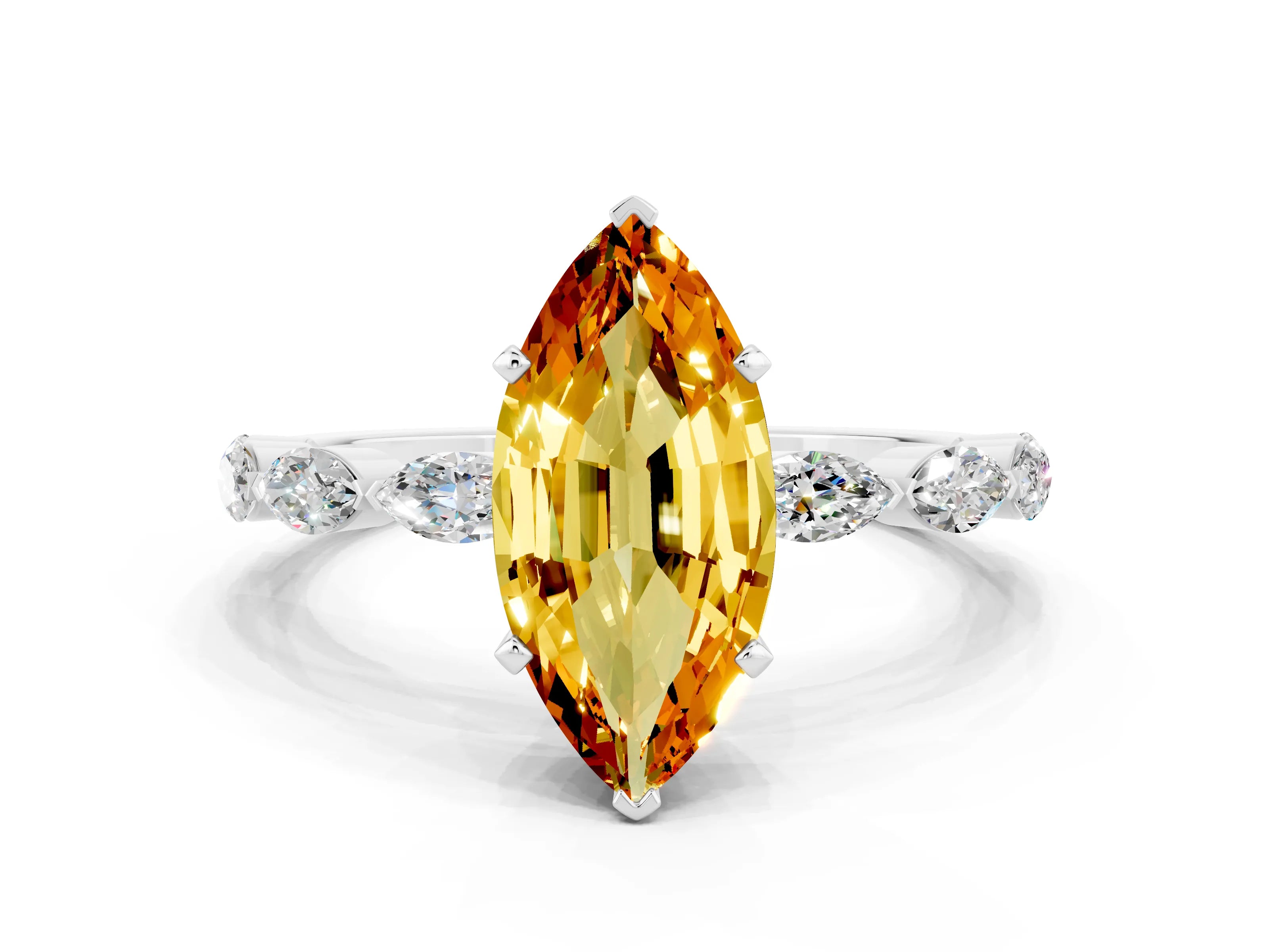 White gold Marquise Cut Citrine Ring with Marquise Side Stones and Prong Setting_24